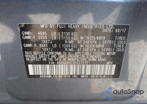 2017 Subaru Outback 2.5I Limited from USA, damaged, VIN 4S4BSANC2H3376121